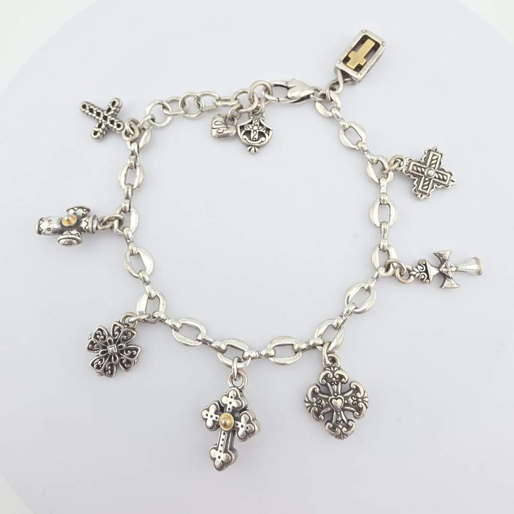 BRIGHTON 'Eternity Cross' Charm Bracelet 8 Cross Charms Gold & Silver Plate 8"